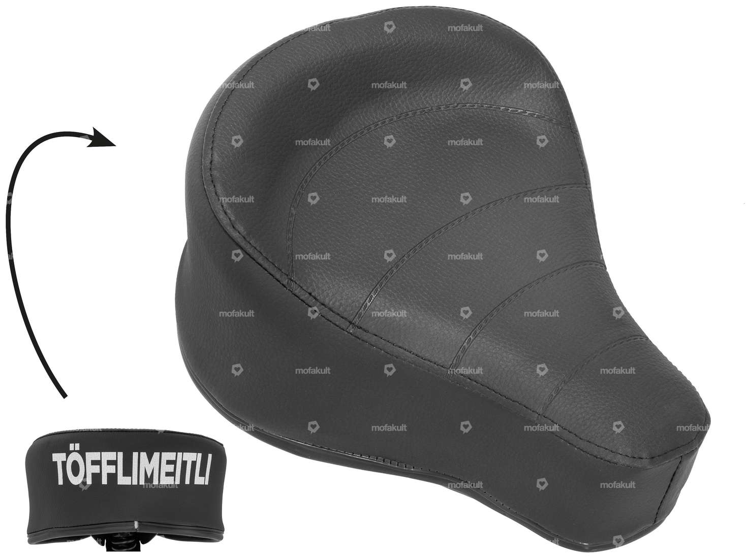 Selle noire avec inscription "Töfflimeitli". Carousel Image 1