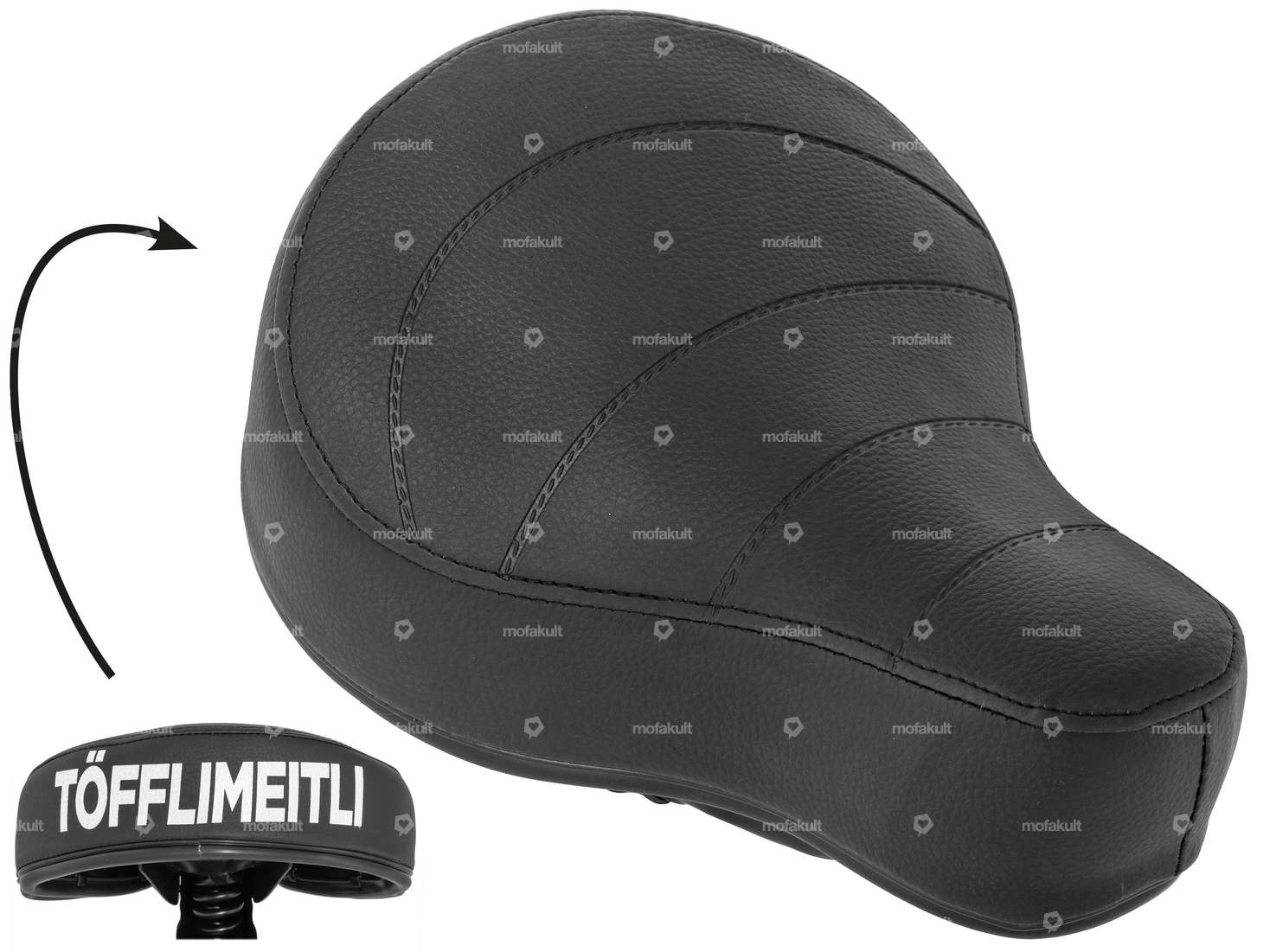 Selle basse noire avec inscription "Töfflimeitli". Carousel Image 1